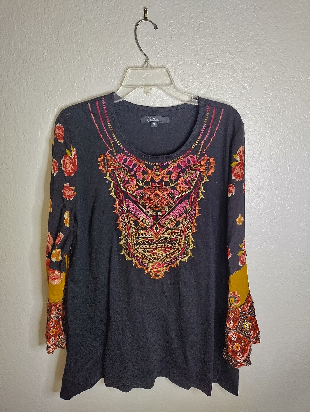Caleasa Embroidered Crew Neck Boho Tunic Top Sz Xl
